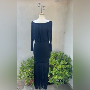Vintage 80s long fringe maxi dress black jersey size 8 Small by Jill Richards